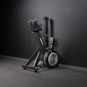 Torque Fitness Stealth Air Rower, air rower with seat rail, handle and performance console product view.