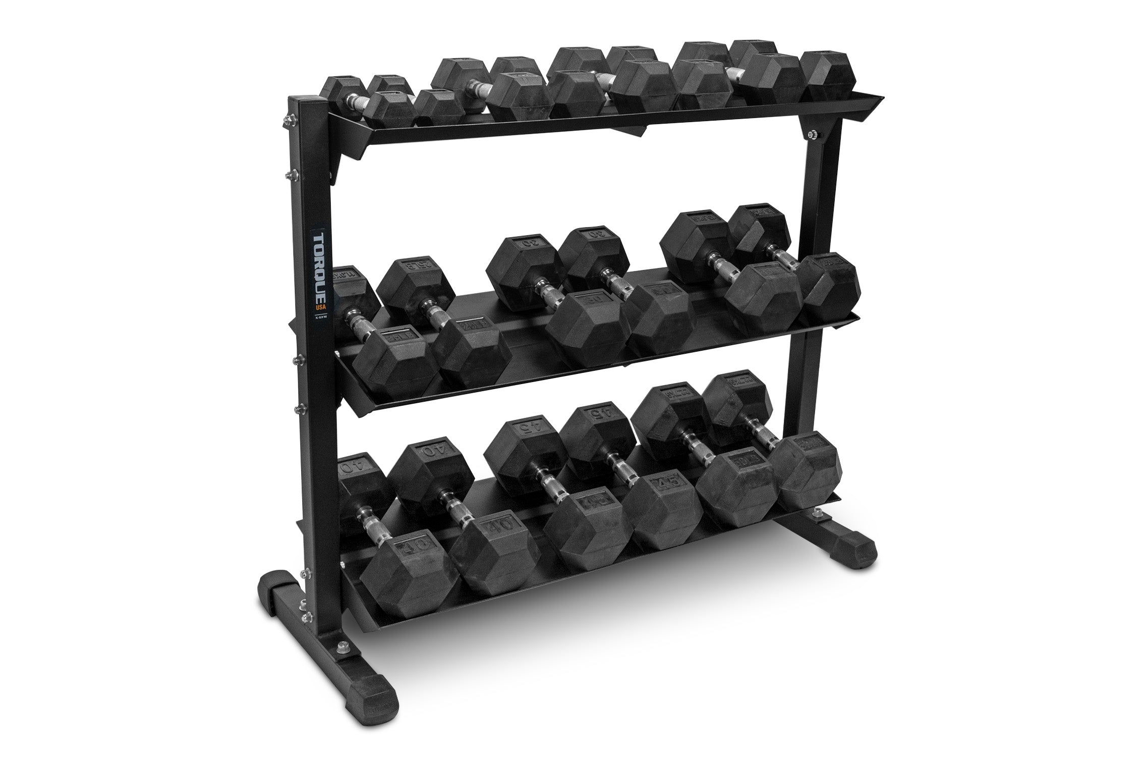 5-50 Rubber Hex Dumbbell Set with 4' Storage Rack – Torque Fitness